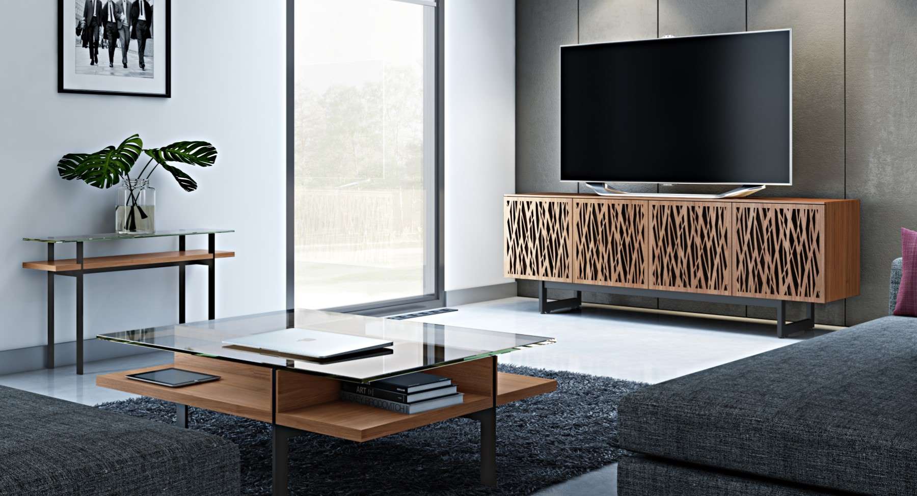 Elements media console in walnut with adjustable shelves and remote friendly doors