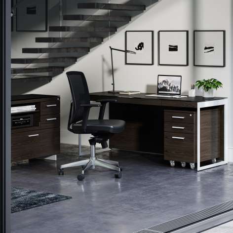 BDI Sequel desk in charcoal stained ash. Shown is BDI sequel desk, BDI sequel file pedestal, and BDI credenza with printer drawer and file storage