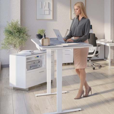 Centro Lift standing desk with white satin etched top, cable management, and programmable height settings.