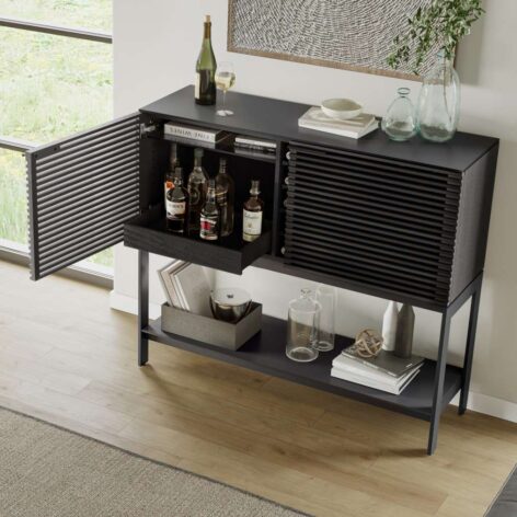 Corridor SV bar by BDI for entertaining with stemware rack, wine bottle storage, adjustable shelves, louvered doors and satin-etched tabletop