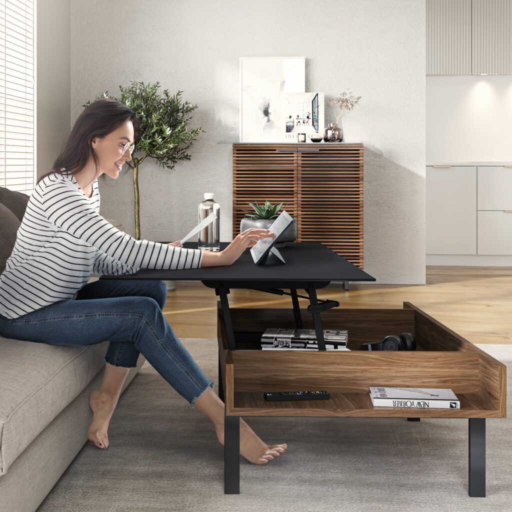 BDI Reveal lift top coffee table with black tempered glass, walnut veneer, and hidden storage space.