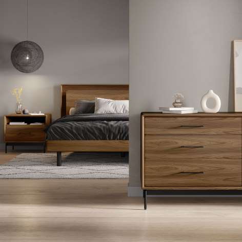 LINQ bed with LINQ nightstand and LINQ dresser by BDI in natural walnut