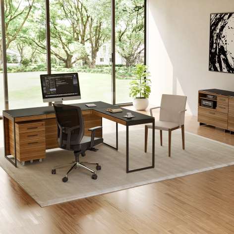 Sequel 20 modern home or work office by BDI in satin etched glass tabletop and natural walnut finish