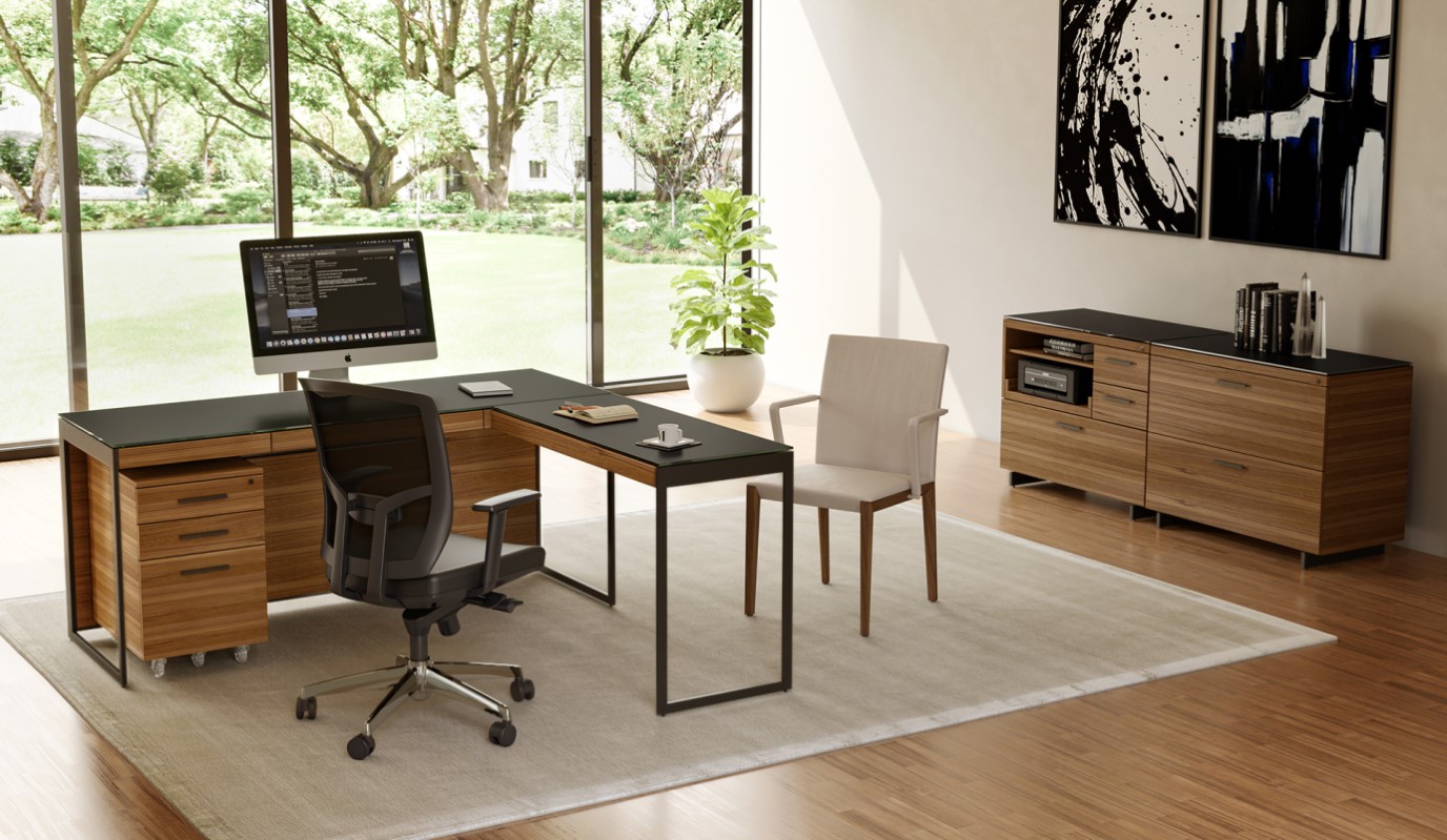 Sequel Office setup in walnut with satin etched glass tabletop