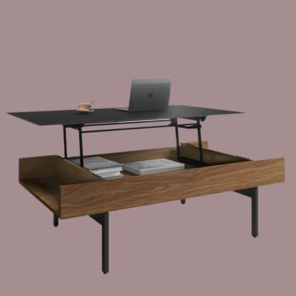 BDI Reveal Lift Top Table with walnut storage base and black tabletop