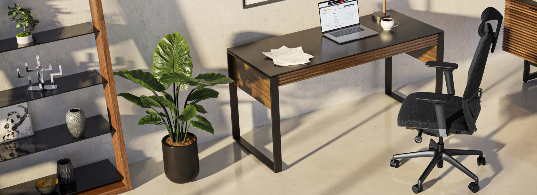 Corridor Desk by BDI with Stiletto shelving in walnut