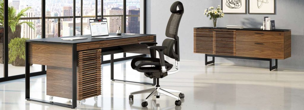 BDI Corridor Office Suite with Corridor Executive Desk in walnut with Corridor Credenza and Voca chair