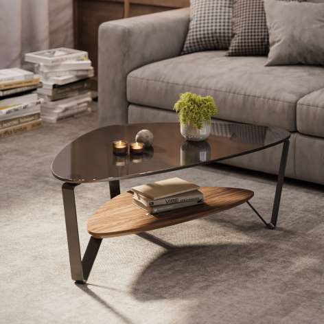 Dino small coffee table with natural walnut base and shaped glass
