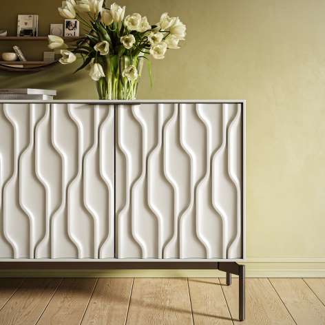 Mesa Credenza for storage and media in stone with brushed carbon legs