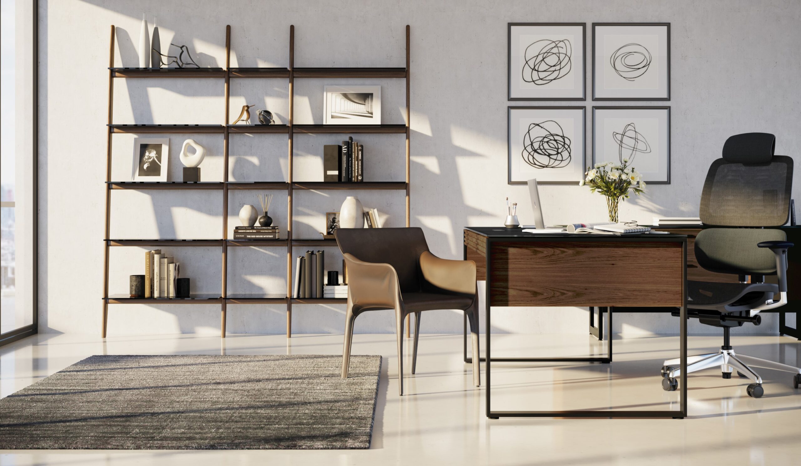 BDI Office environment with Stiletto shelf in walnut, Corridor Desk, Voca chair, and Corridor credenza