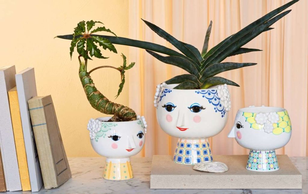Three Eva plant pots on a shelf
