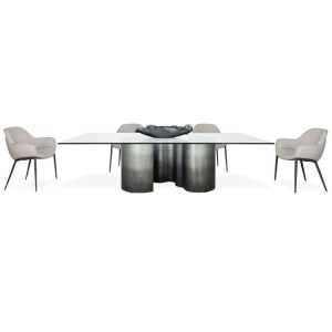 Thumbnail of a glass dining table on a wavy steel base