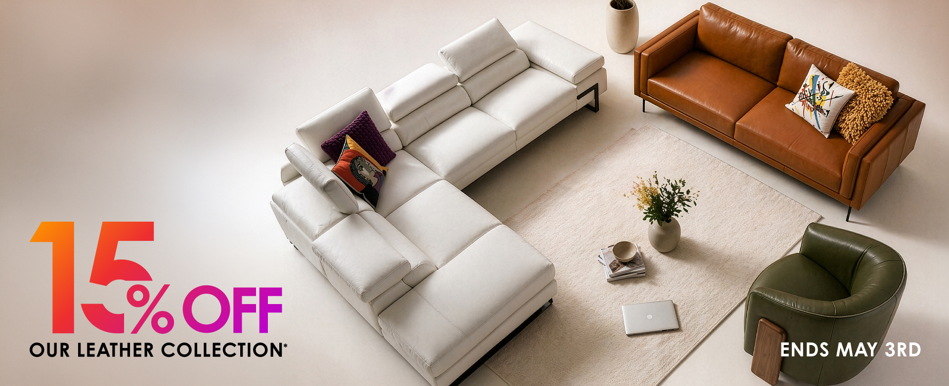 Sectional, Sofa, and Chair face each other. Copenhagen promo, 15% off leather products until May 3rd