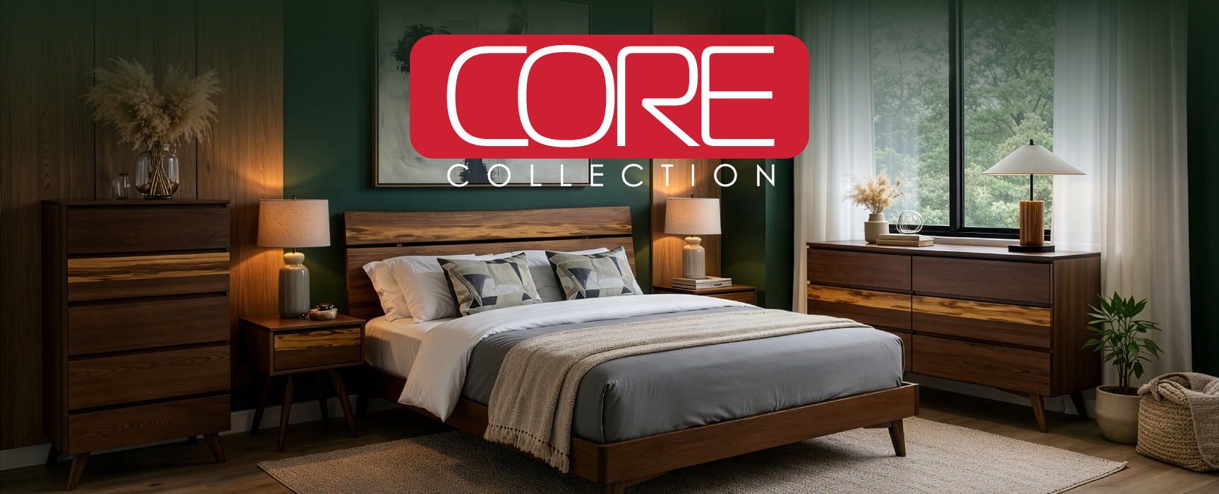 CORE Collection Logo with a photo of a bedroom set in a bedroom