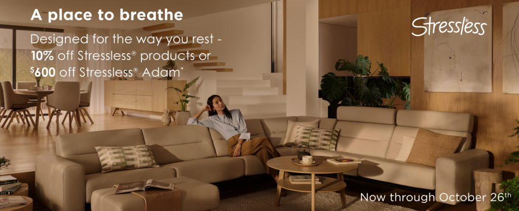 Image of a lady relaxing on a sectional. Promotional banner for Stressless, ends October 26th