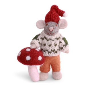 Grey Boy Mouse with Mushroom Ornament