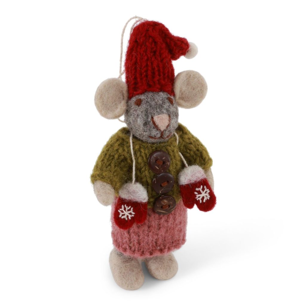 Grey Girl Mouse with Mittens Ornament