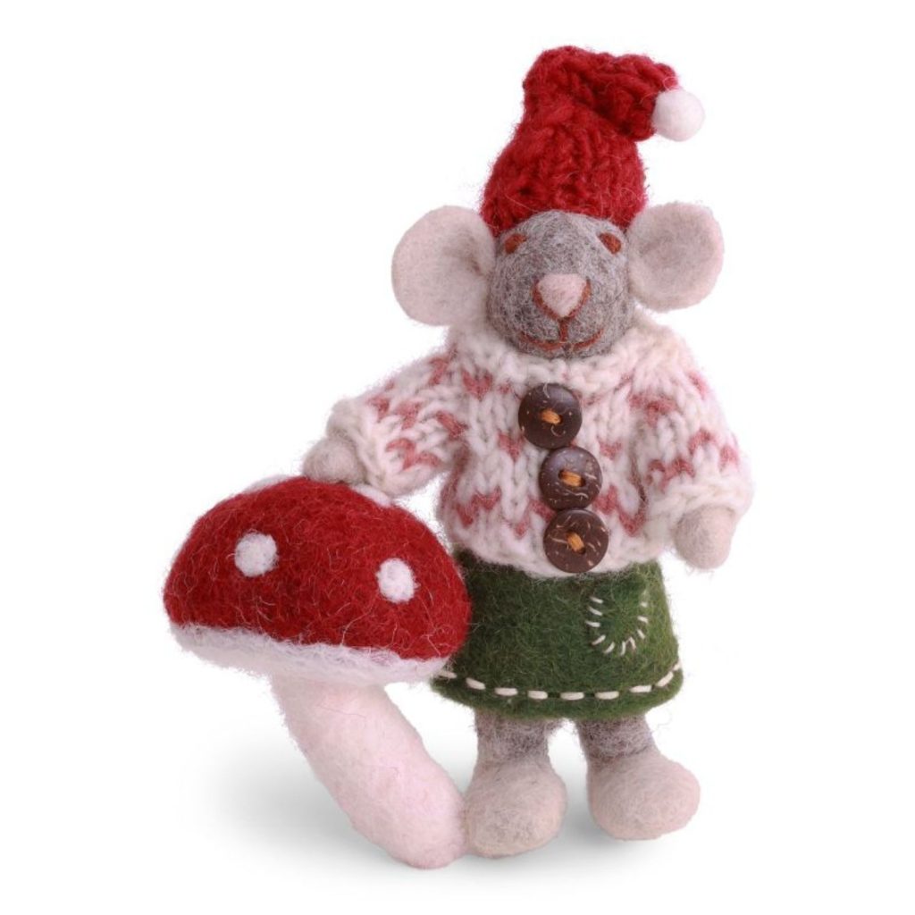 Grey Girl Mouse with Mushroom Ornament